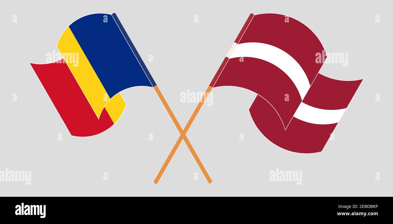 Bandiere incrociate e sventolanti di Romania e Lettonia. Illustrazione vettoriale Illustrazione Vettoriale