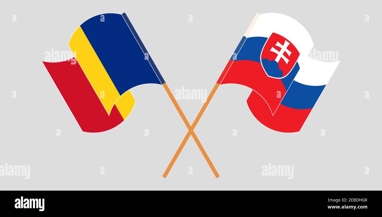Bandiere incrociate e sventolanti di Romania e Slovacchia. Illustrazione vettoriale Illustrazione Vettoriale