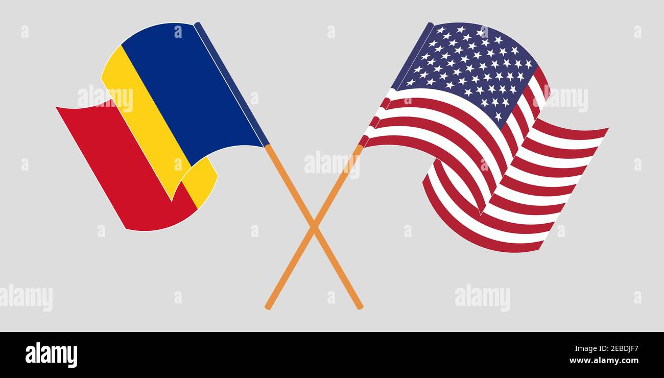 Bandiere incrociate e sventolanti della Romania e degli Stati Uniti. Illustrazione vettoriale Illustrazione Vettoriale