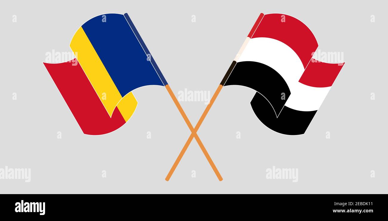 Bandiere incrociate e sventolanti della Romania e dello Yemen. Illustrazione vettoriale Illustrazione Vettoriale
