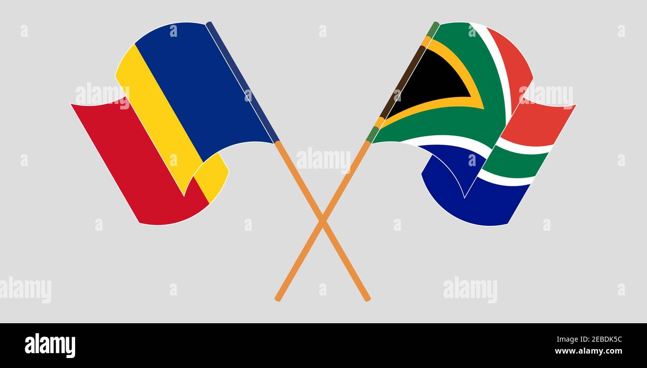 Bandiere incrociate e sventolanti della Romania e della Repubblica sudafricana. Illustrazione vettoriale Illustrazione Vettoriale