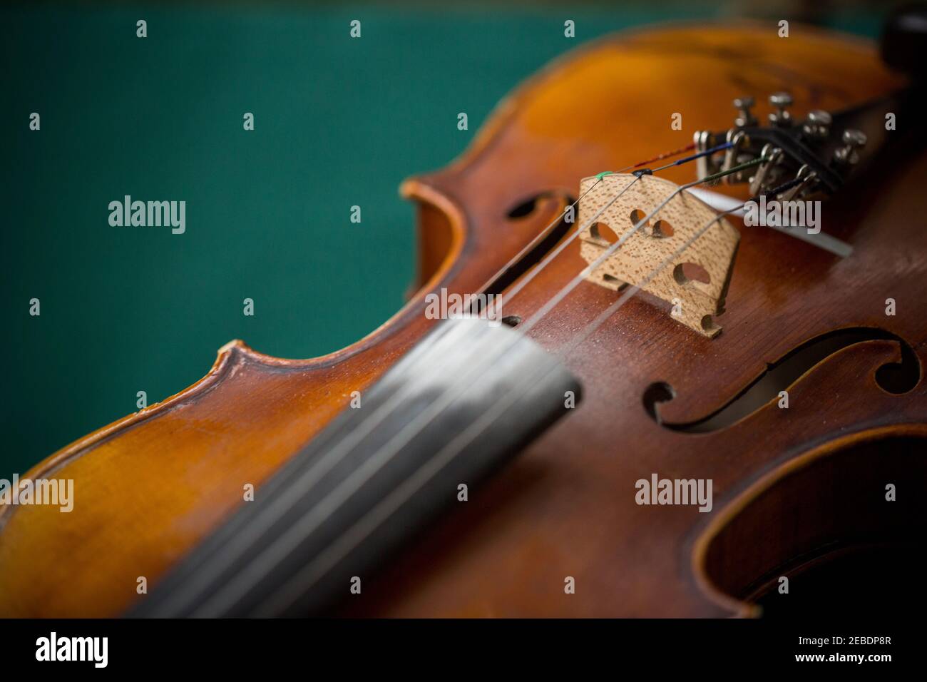 Primo piano di archi di violino con sfondo verde Foto stock - Alamy