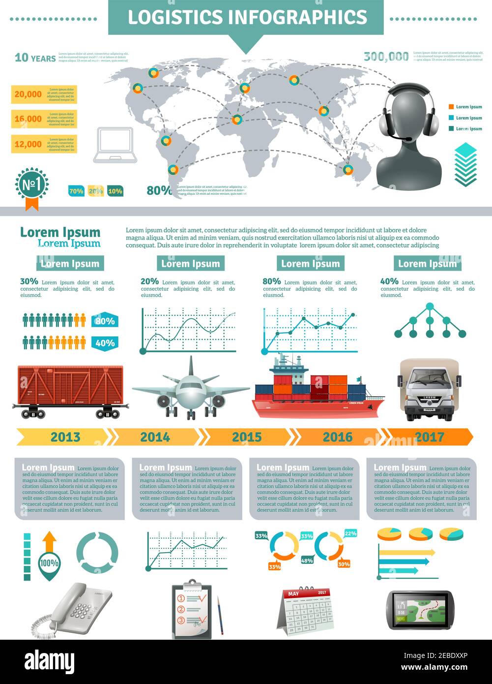 Infografiche globali di logistica con distribuzione in rete e consegna di diversi trasporti illustrazione vettoriale degli accessori di supporto Illustrazione Vettoriale