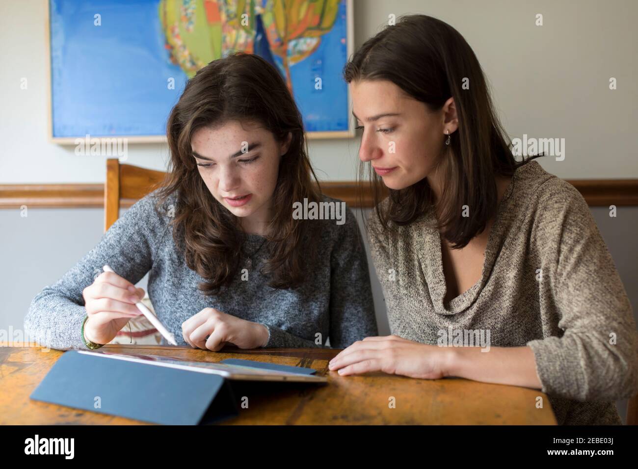Due giovani donne caucasiche che lavorano insieme su una tavoletta Foto Stock