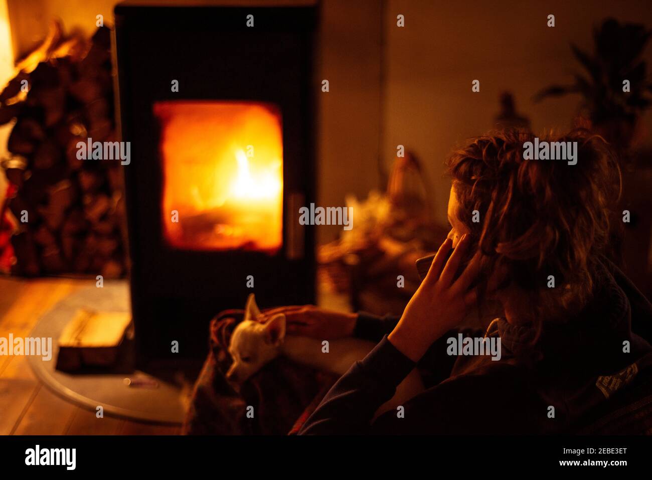 La giovane donna parla al telefono a casa con un caldo fuoco con cane piccolo sul giro Foto Stock