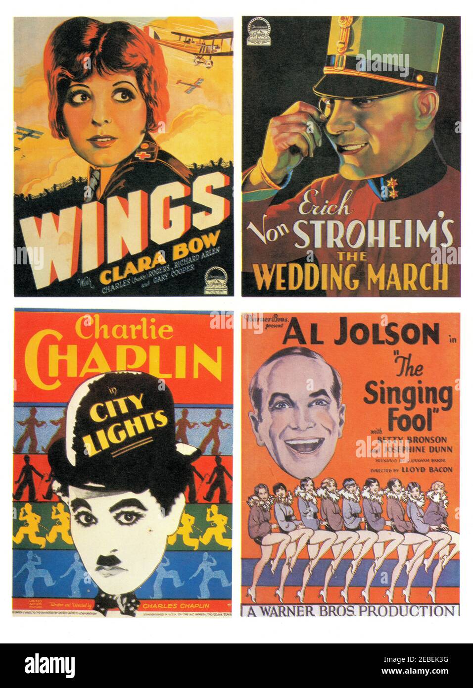 Montage of Movie Posters featuring (oraria): Clara Bow, 'Wings', Paramount Pictures, 1927; Erich von Stroheim, 'The Wedding March', Paramount Pictures, 1928; al Jolson, 'The Singing Fool', Warner Bros., 1928; Charlie Chaplin, 'City Lights', United Artists, 1931 Foto Stock