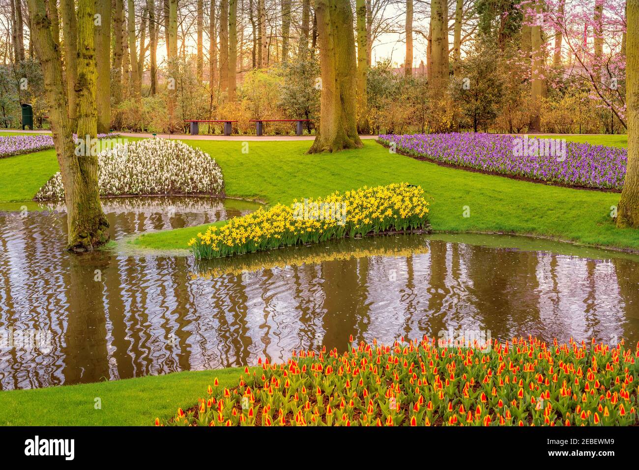 Fiori multicolore e paesaggio fluviale a Keukenhof, Paesi Bassi Foto Stock