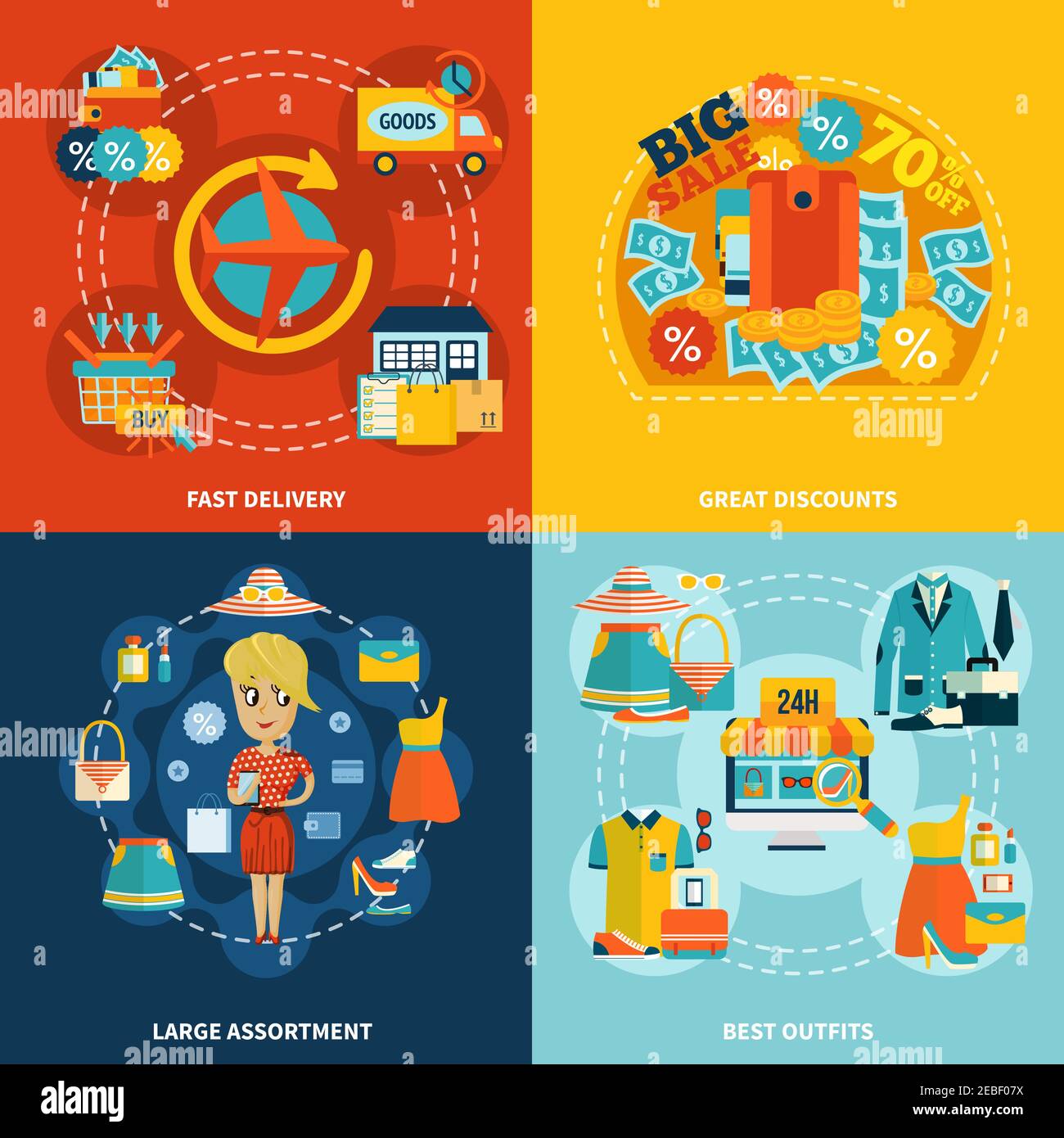 Composizione quadrata colorata con abiti online consegna sconti shopping  didascalie simboli di denaro del cestino di vestiti illustrazione  vettoriale piatta Immagine e Vettoriale - Alamy