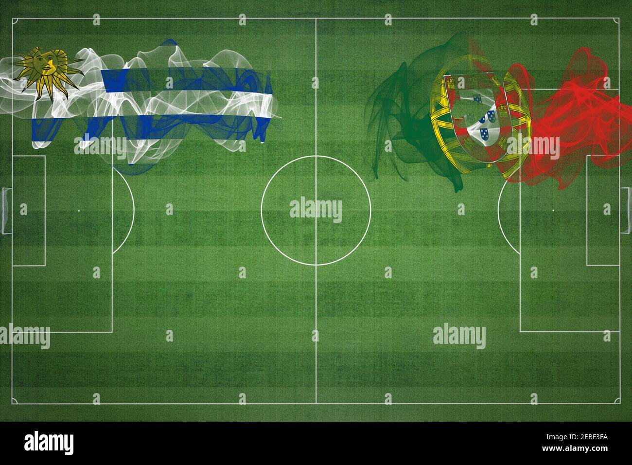 Uruguay vs Portogallo Soccer Match, colori nazionali, bandiere nazionali, campo di calcio, gioco di calcio, concetto di competizione, spazio copia Foto Stock