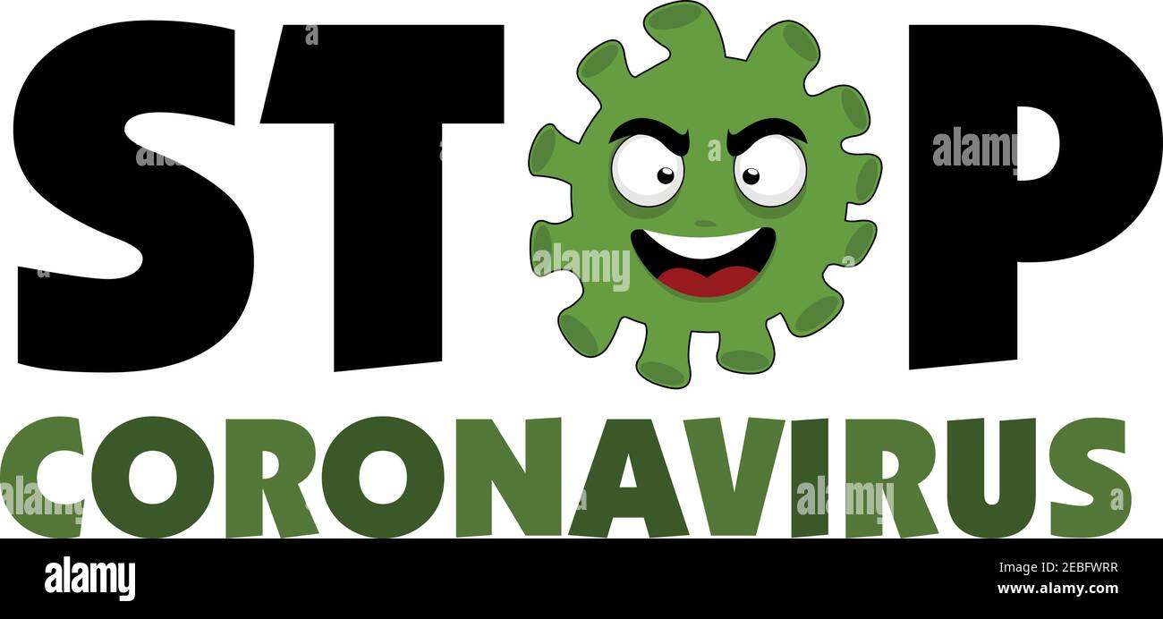 Inglés Vector illustrazione del testo stop coronavirus con un cartoon covid-19 nella parola Illustrazione Vettoriale