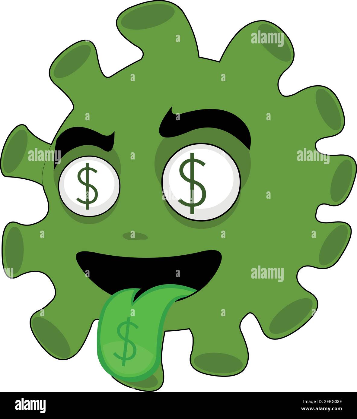 Illustrazione vettoriale di un coronavirus cartoon con i segni del dollaro sopra i suoi occhi e la lingua Illustrazione Vettoriale