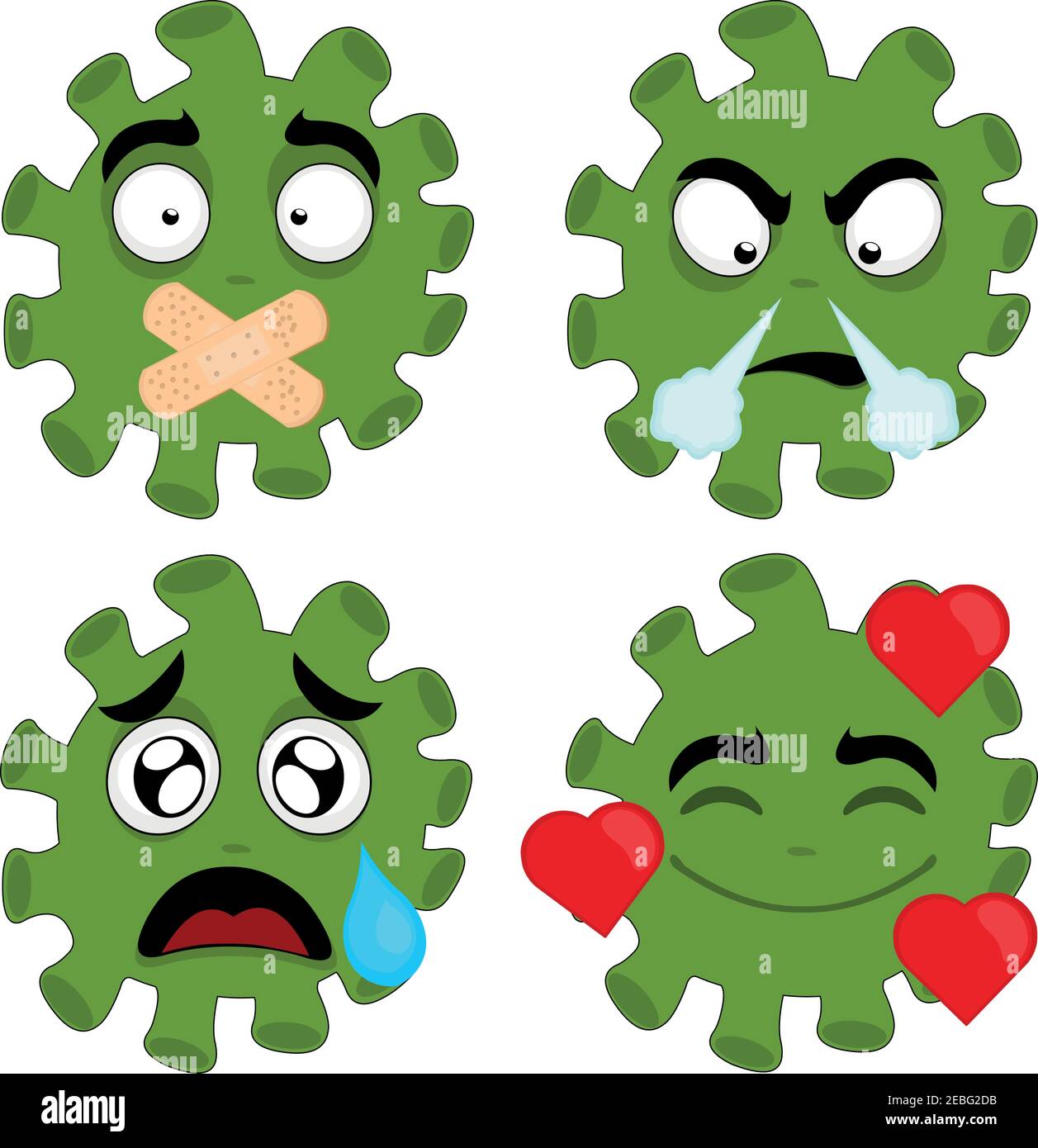 Illustrazione vettoriale di emoticon di coronavirus cartoon con espressioni di rabbia, paura, tristezza, amore e con bocca chiusa con bande adesive Illustrazione Vettoriale