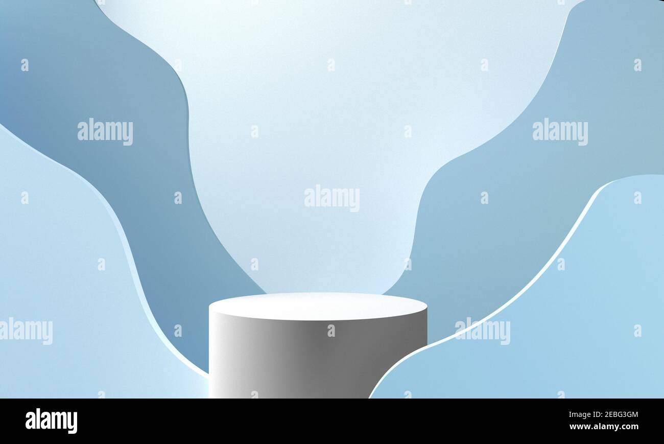 Scena minima con podio e sfondo astratto. Forma geometrica. Scena di colori pastello blu. rendering 3d Foto Stock