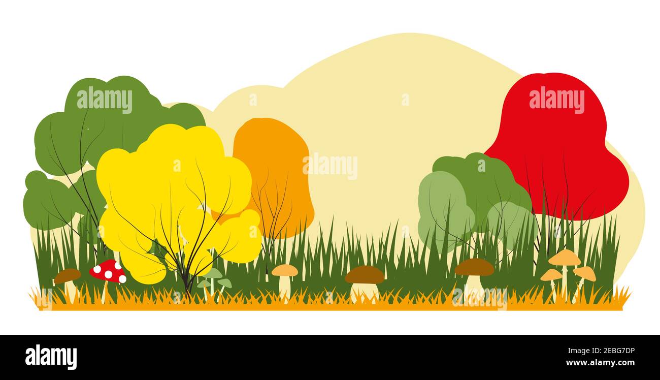 Illustrazione vettoriale in stile semplice piano alla moda. Paesaggio colorato autunno foresta con funghi. Illustrazione Vettoriale
