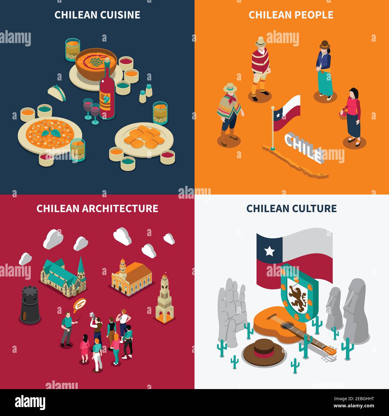 Chili attrazioni per i turisti 4 icone isometriche poster quadrato con cultura nazionale cucina e monumenti isolato illustrazione vettoriale Illustrazione Vettoriale