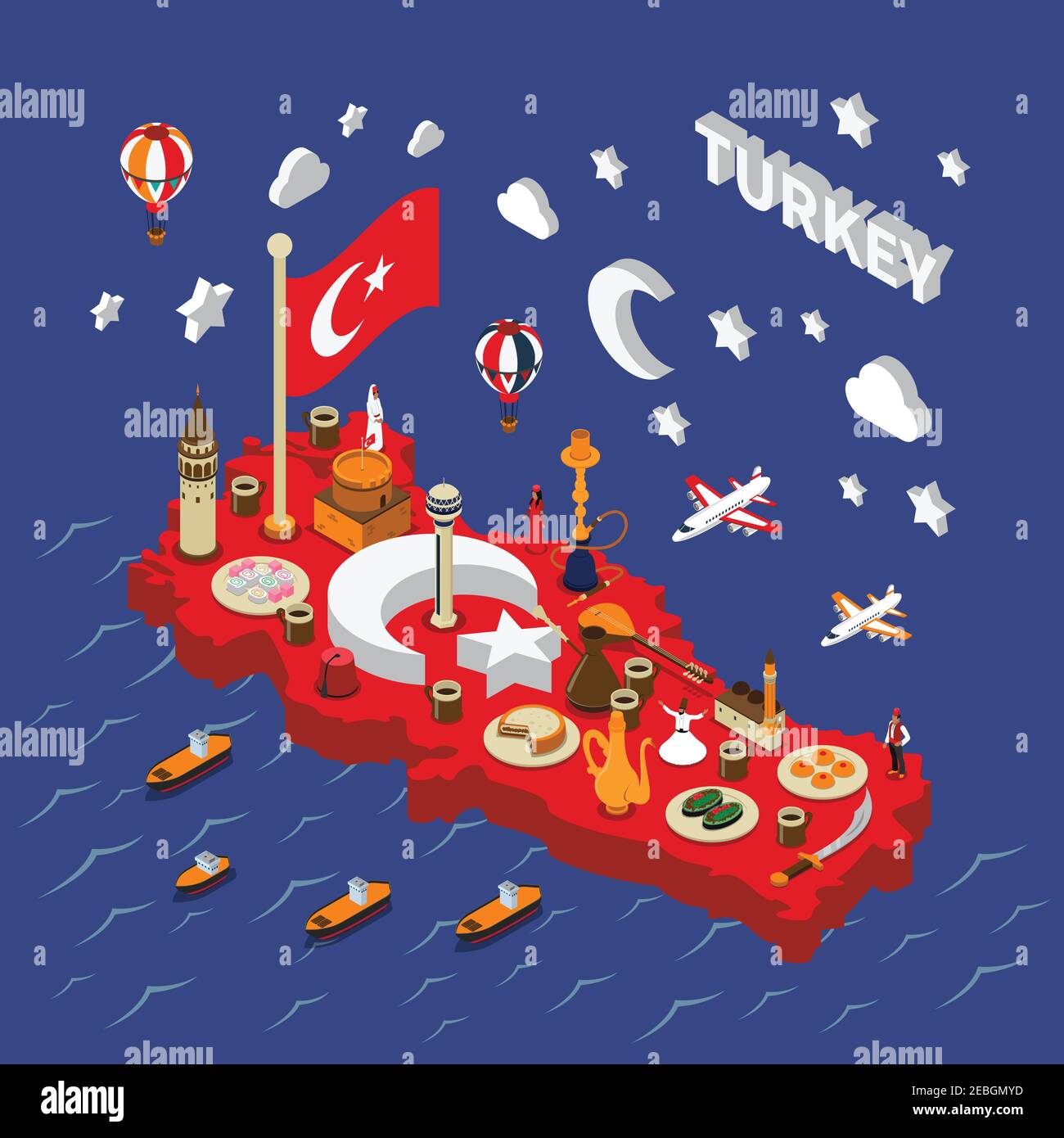 Attrazioni turistiche turche poster rosso isometrico mappa con monumenti tradizionali cibo simboli culturali e religiosi illustrazione vettoriale Illustrazione Vettoriale