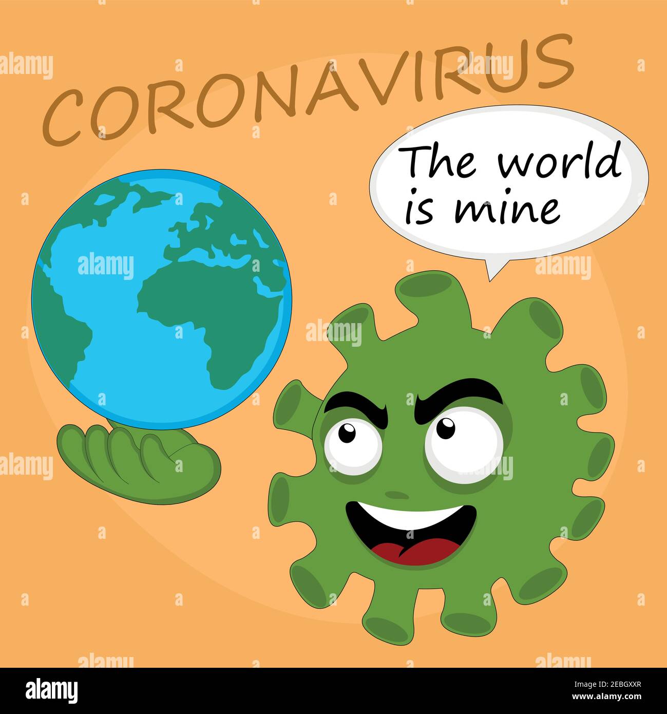 Illustrazione vettoriale del coronavirus del cartone animato che tiene il pianeta terra con una mano e la frase il mondo è mia Illustrazione Vettoriale