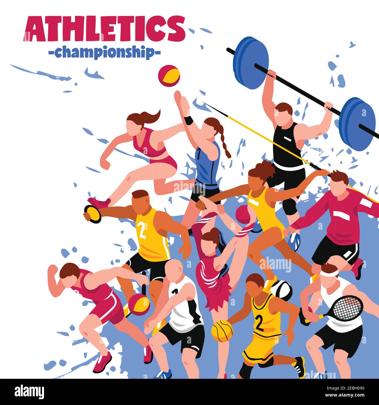Poster isometrico sportivo colorato con giocatori sportivi e atleti attivi su sfondo splash illustrazione vettoriale Illustrazione Vettoriale