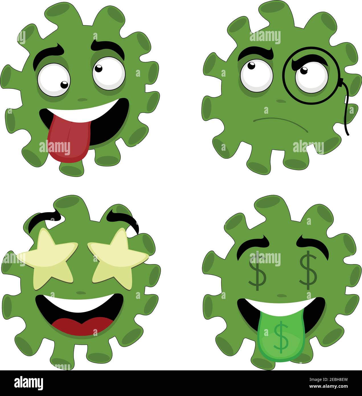 Illustrazione vettoriale di batteri cartoni animati, virus o emoticon di microbi, con espressioni pensanti, follia, con simboli del dollaro e occhi a forma di stella Illustrazione Vettoriale