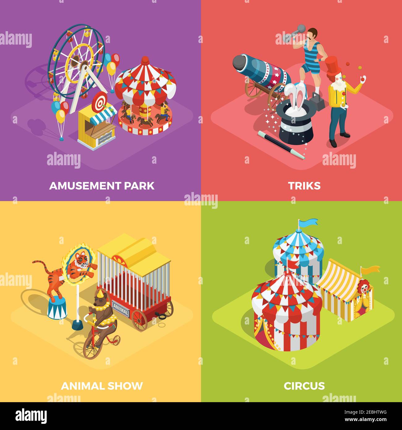 Spettacolo circense di viaggio 4 icone isometriche composizione quadrata con animali mostra e mago trucchi illustrazione vettoriale isolata Illustrazione Vettoriale