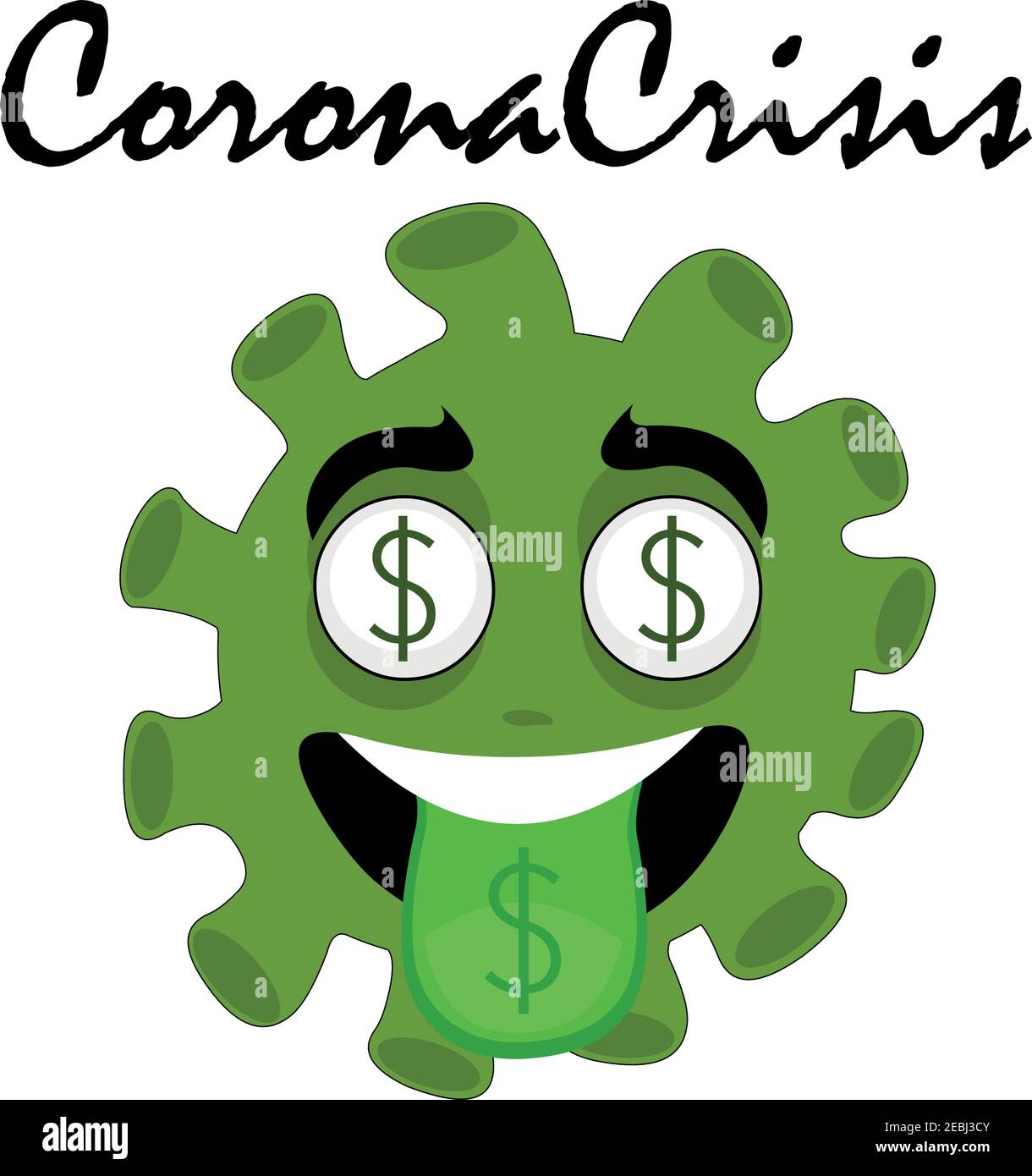 Emoticon vettoriale illustrazione di un personaggio di un cartone animato coronavirus con il simbolo del dollaro negli occhi e nella lingua Illustrazione Vettoriale