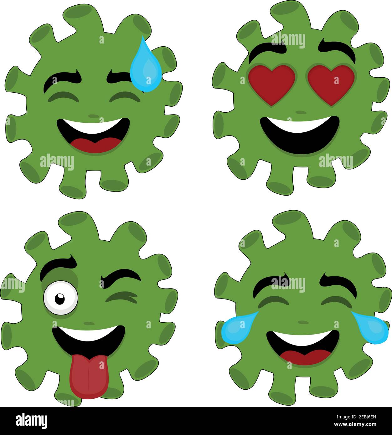 Illustrazione vettoriale delle emoticon dei personaggi di coronavirus cartoon con diverse espressioni felici Illustrazione Vettoriale