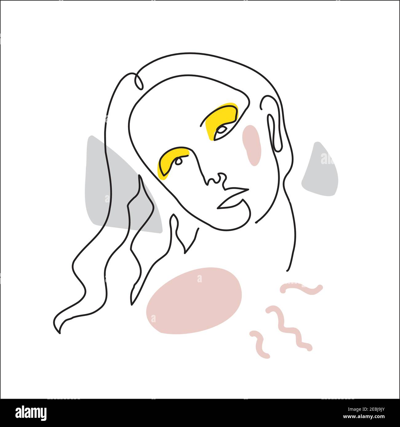 Disegno a linea frontale, un ritratto a linea continua. Faccia surreale, illustrazione vettoriale. Moderno disegno lineart di donna per l'arredamento Illustrazione Vettoriale