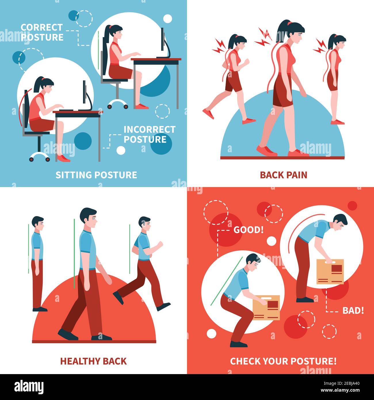 Posture corrette e non corrette per schiena e colonna vertebrale sane 2x2 illustrazione vettoriale isolata e piatta del set di concetti di progettazione Illustrazione Vettoriale