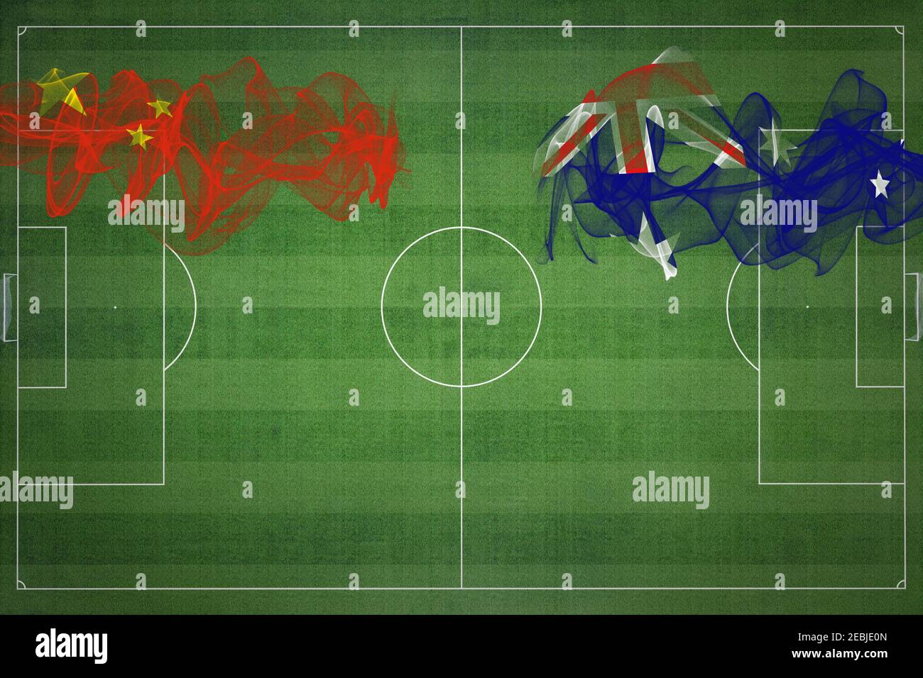 Cina vs Australia Soccer Match, colori nazionali, bandiere nazionali, campo di calcio, gioco di calcio, concetto di competizione, spazio copia Foto Stock