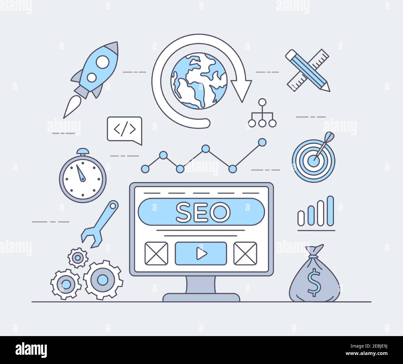Ottimizzazione SEO, sviluppo software vettore delineare cartoni animati illustrazione. Razzo, orologio, computer display, grafico ascendente, borsa con denaro. Analisi Web, programmazione, concetto di applicazione aziendale. Illustrazione Vettoriale