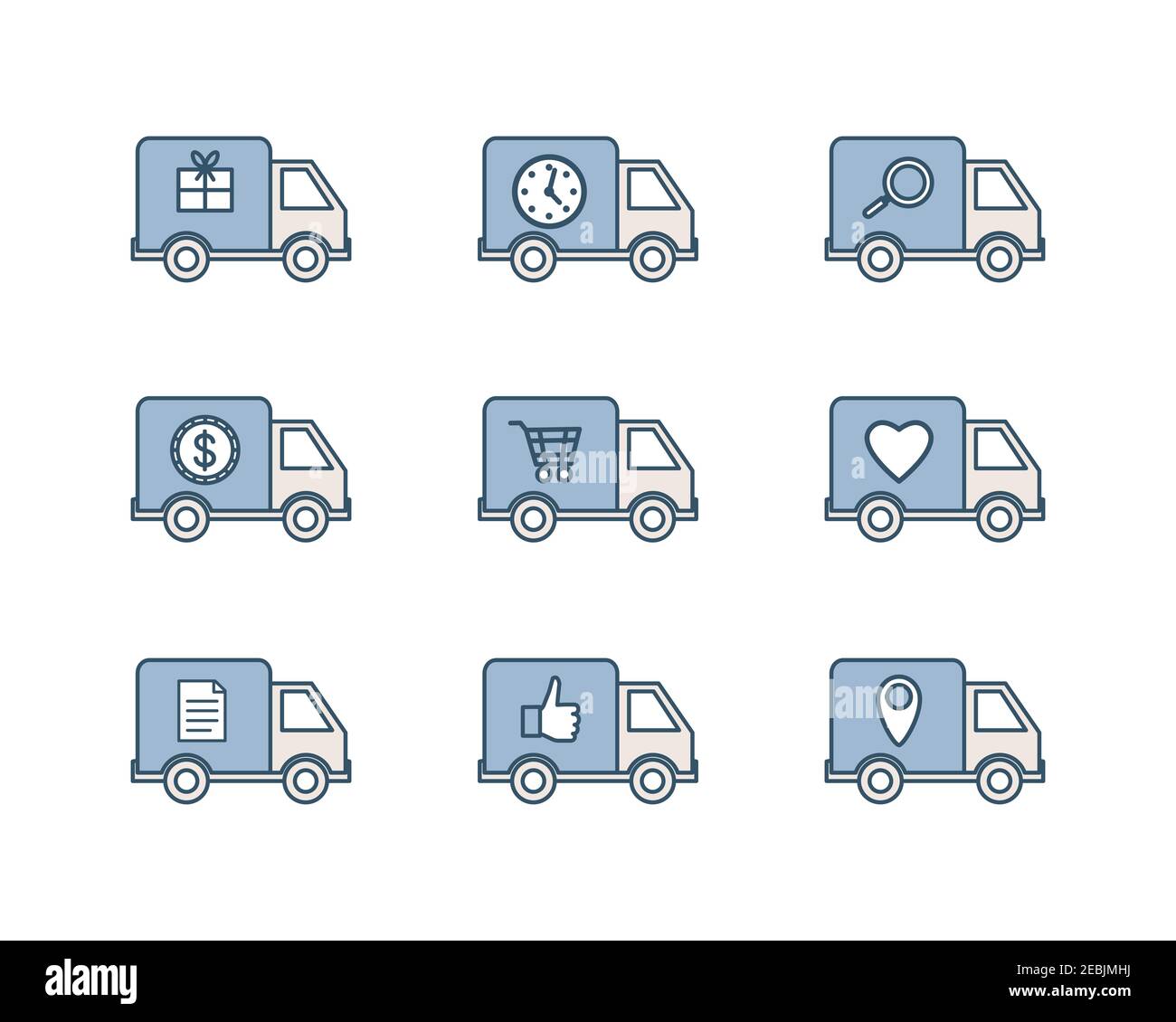 Insieme vettoriale di icone di contorno della traccia di consegna. Raccolta di camion con regali, orologio, cuore, documento, moneta, punto di ubicazione e cartelli del carrello. Elementi di progettazione del servizio di spedizione. Illustrazione Vettoriale