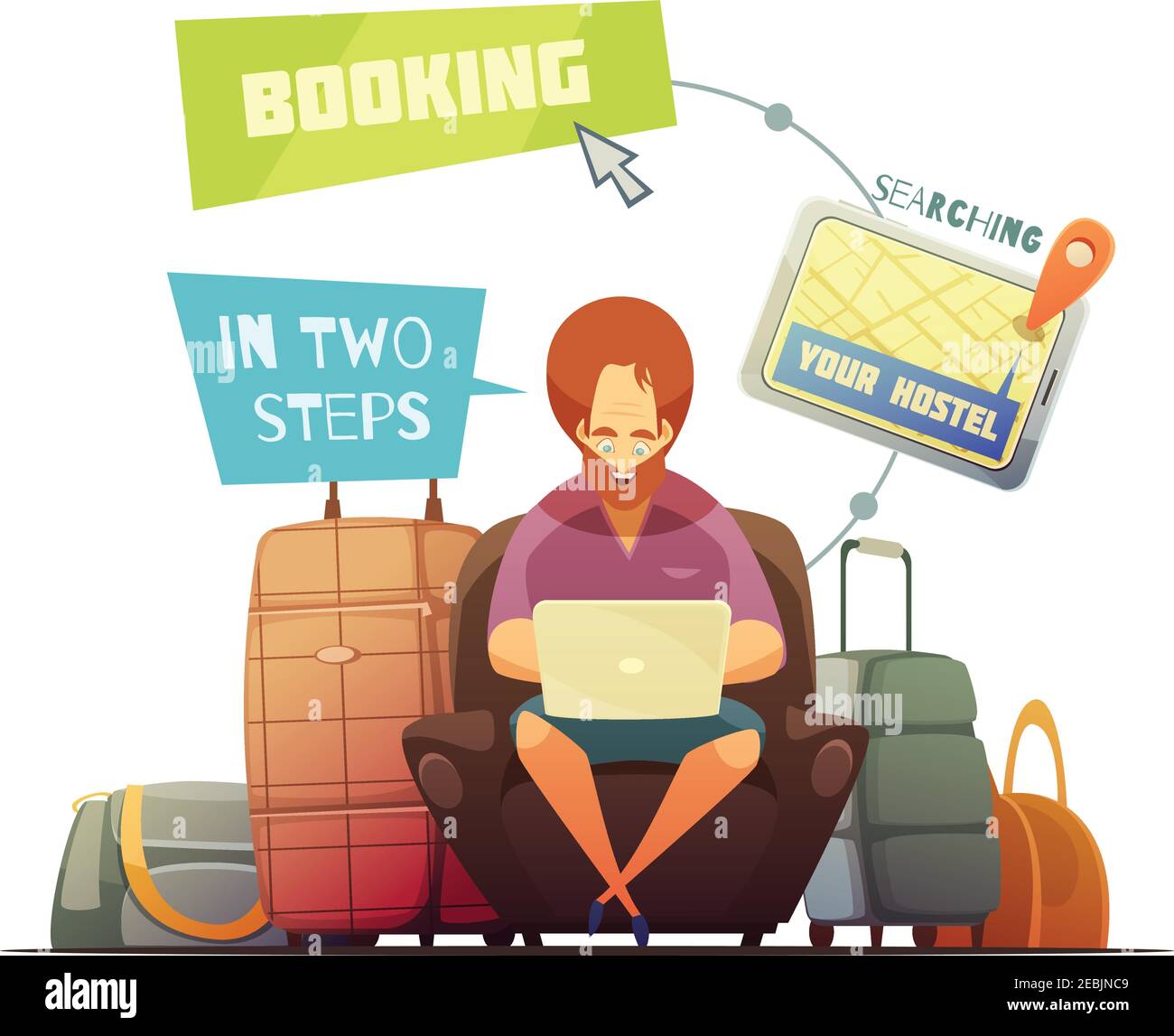 Hostel prenotazione design concept con cartoon hipster occupato ricerca online di illustrazione vettoriale piatta della guest house Illustrazione Vettoriale