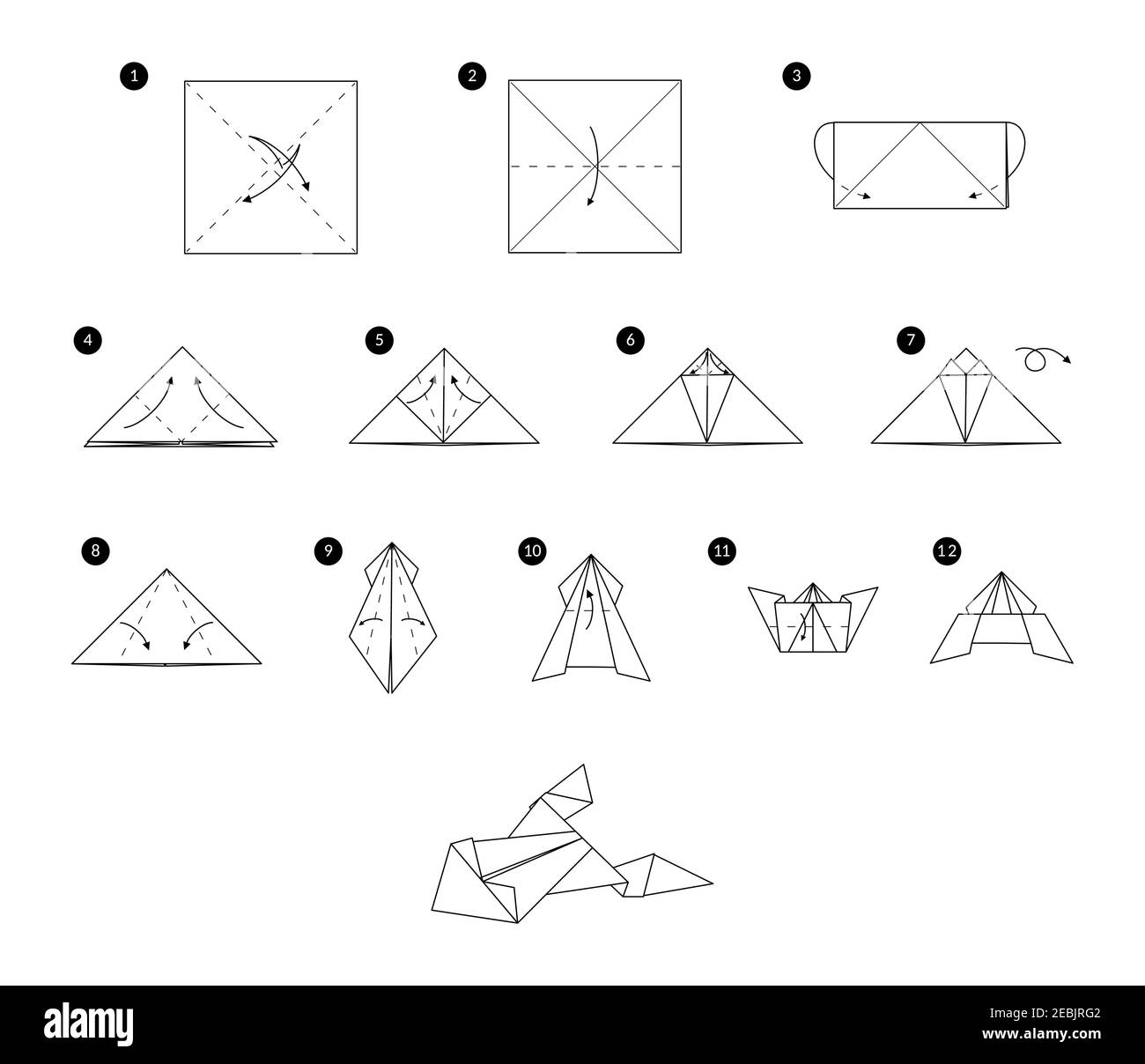 Tutorial come fare origami rana. Istruzioni dettagliate. Animale da quadrato di carta senza forbici. Illustrazione Vettoriale