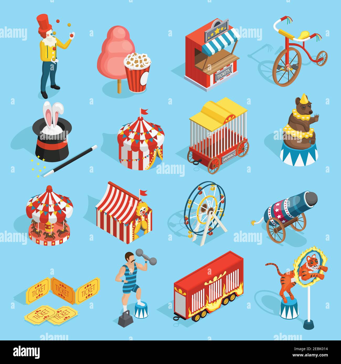 Viaggio chapiteau circo classico vintage icone isometriche insieme con tenda il mago e la tigre isolano l'illustrazione vettoriale Illustrazione Vettoriale