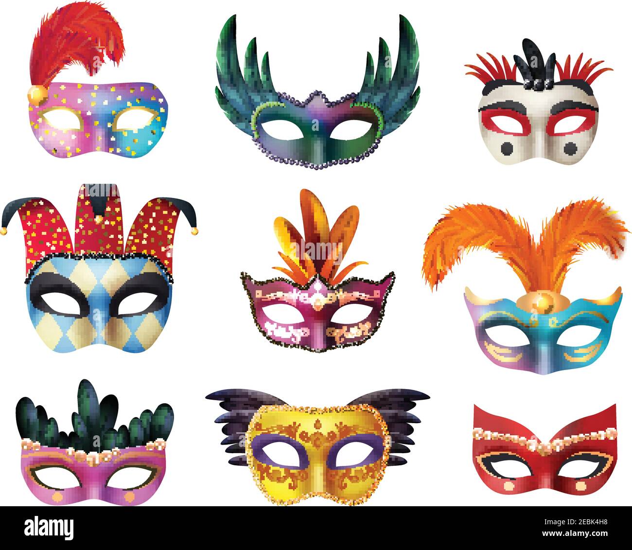 Autentica collezione di maschere facciali dipinte a mano veneziane per il carnevale per la festa decorazione o mascheramento realistico isolato illustrazione vettoriale Illustrazione Vettoriale