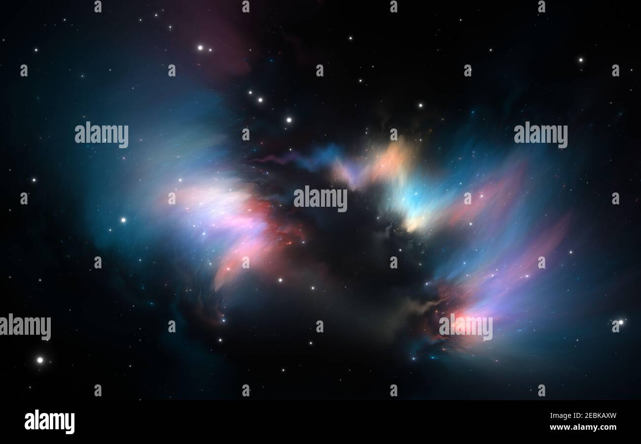 Sistema stellare e nebulosa. Nube interstellare di gas, plasma e polvere, sfondo profondo dello spazio esterno con stelle. illustrazione 3d Foto Stock