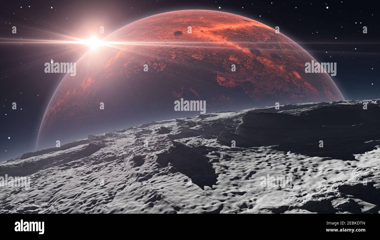 Vista di Marte dalla superficie lunare di Phobos, illustrazione 3D Foto Stock