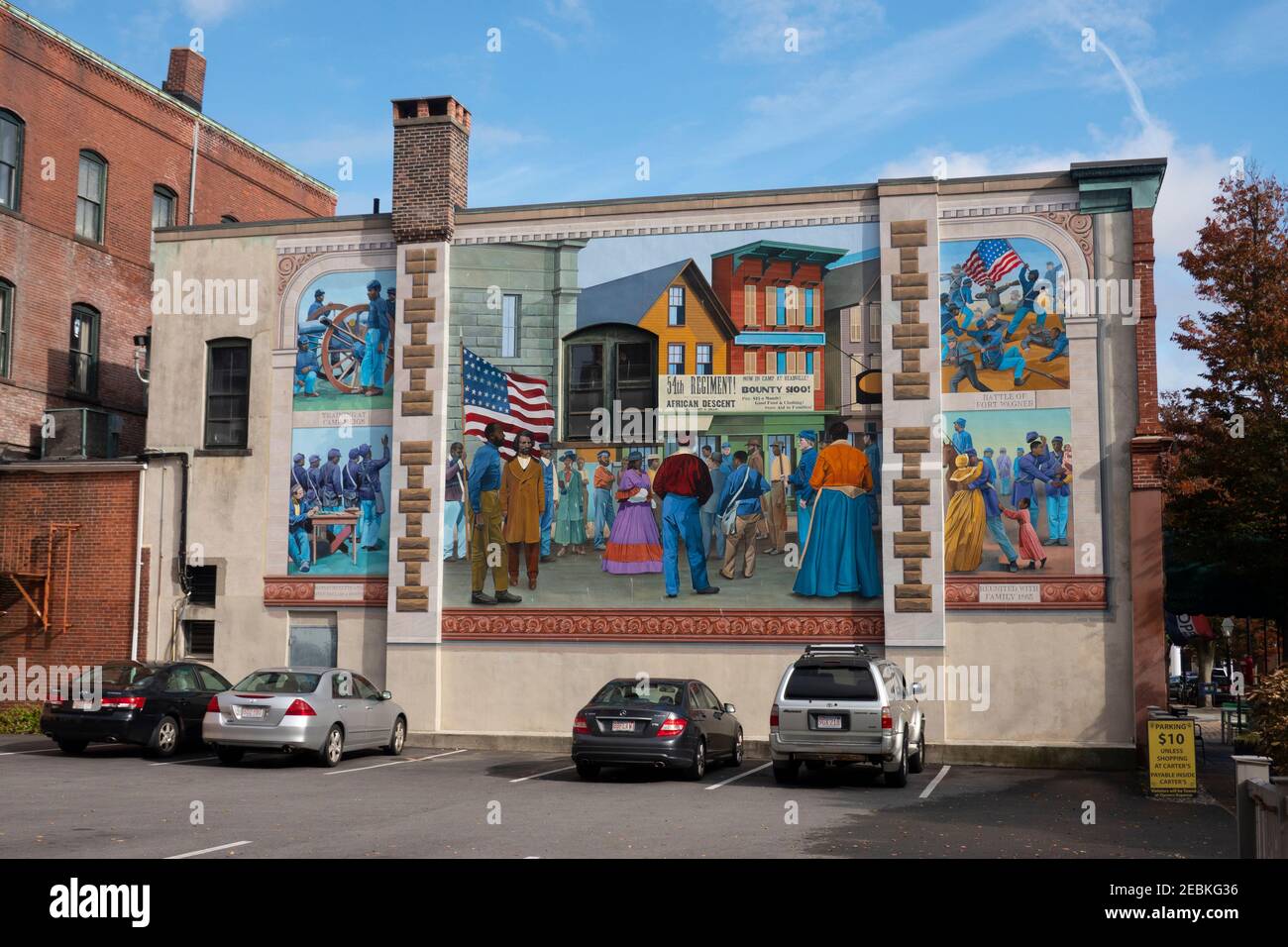 Cinquanta murale volontario del reggimento di fanteria del Massachusetts a New Bedford MA Foto Stock