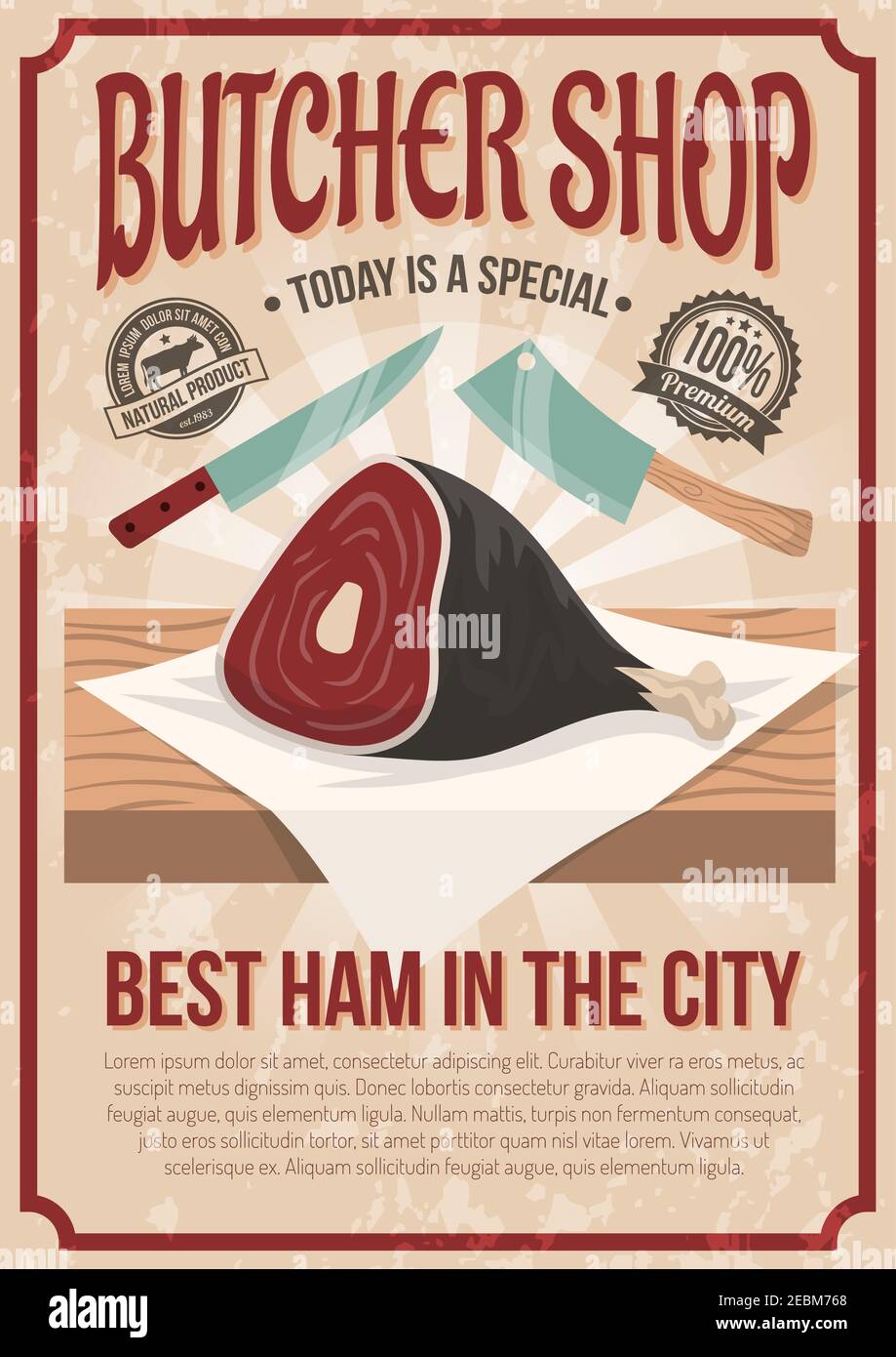 Poster del macellaio con immagine di gammon sul banco e pubblicità del prosciutto migliore in città flat vettore illustrazione Illustrazione Vettoriale