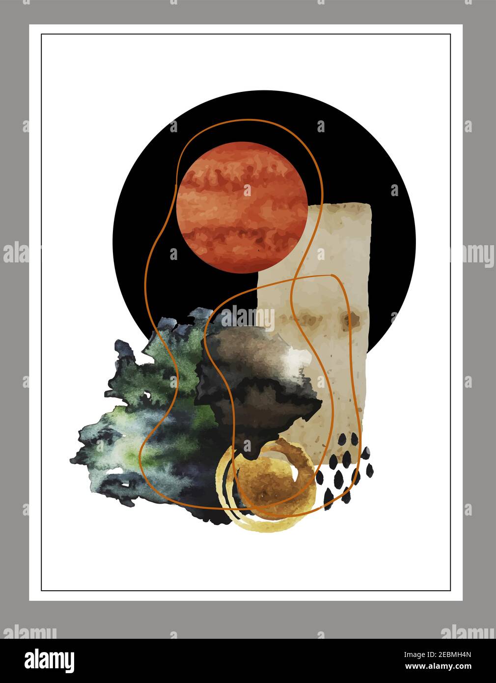 Composizione astratta con blot acquerello, linee e cerchio. Vettore. Illustrazione Vettoriale