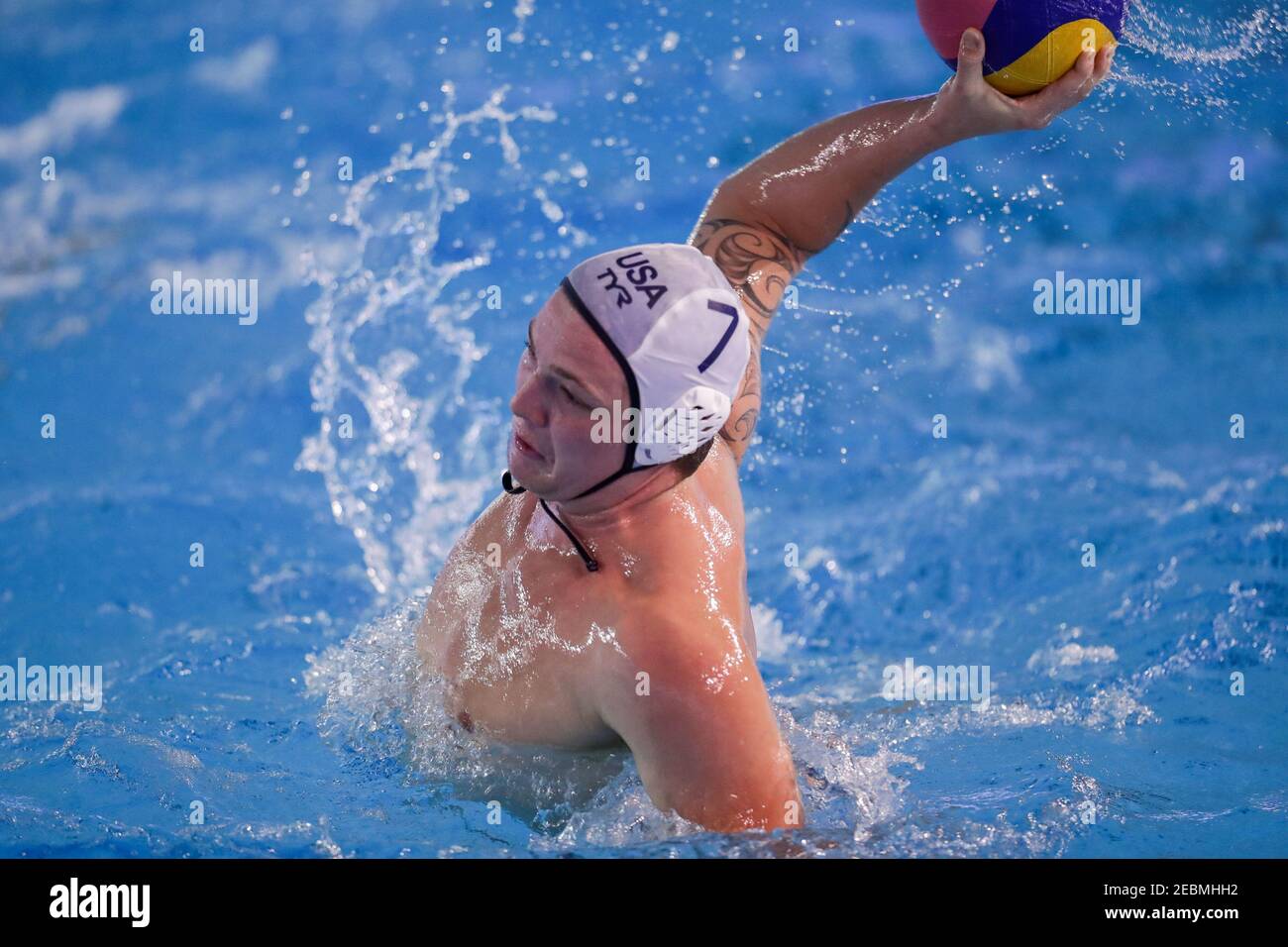 Roma, Italia. 12 Feb 2021. Roma, Italia, Centro Federale di Ostia, 12 febbraio 2021, Hannes Daube (USA) durante la Frecciarossa Cup - Italia vs USA - Waterpolo Nazionale Italiana Credit: Luigi Mariani/LPS/ZUMA Wire/Alamy Live News Foto Stock