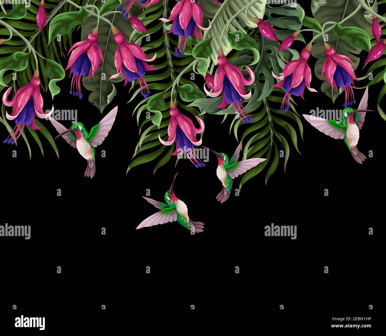 Confine con colibrì e fiori tropicali. Stampa vettoriale trendy. Illustrazione Vettoriale