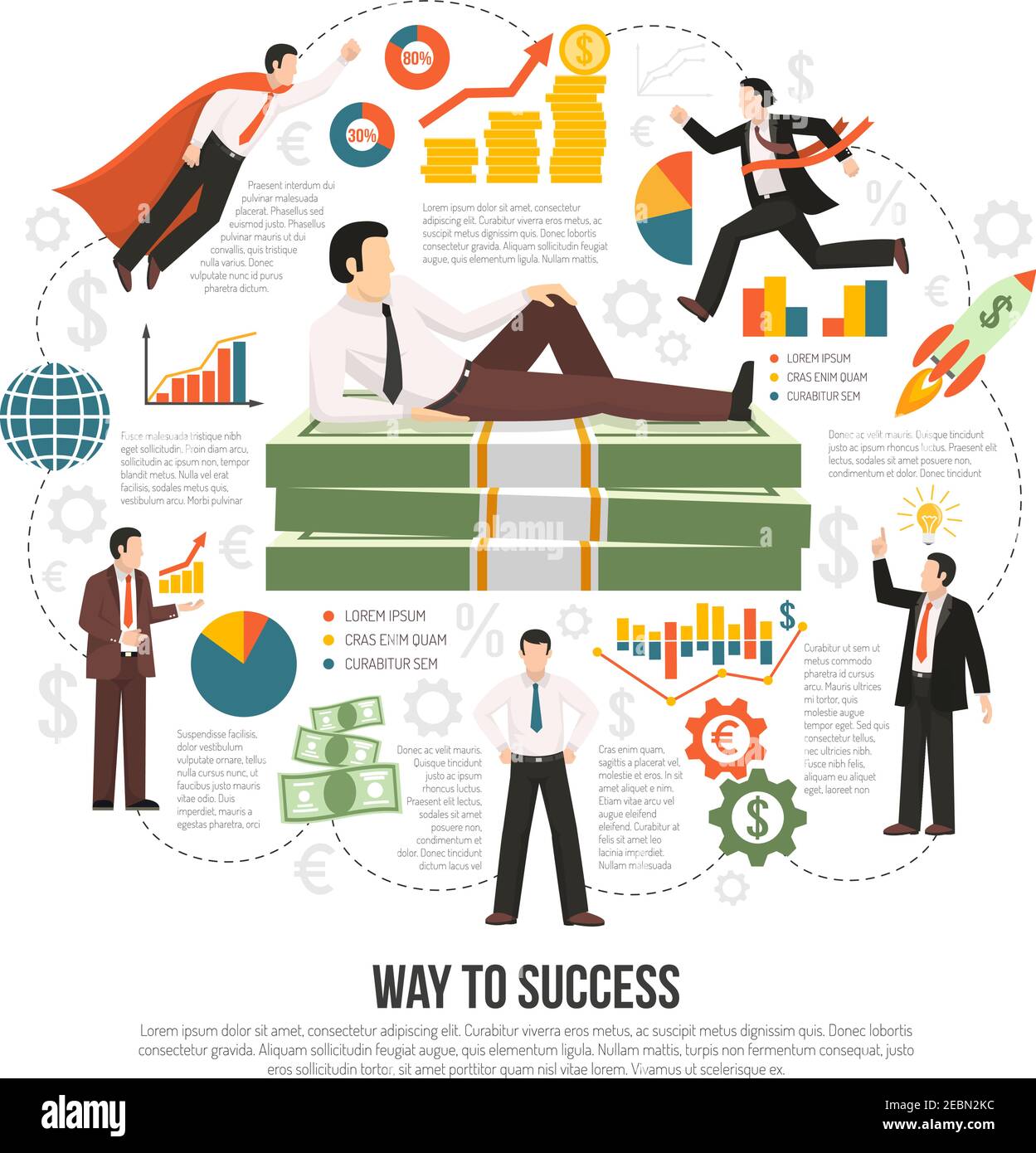 Poster di composizione infografica piatta con fattori chiave per il successo commerciale redditizio diagrammi di testo illustrazione vettoriale di simboli businessman e money Illustrazione Vettoriale