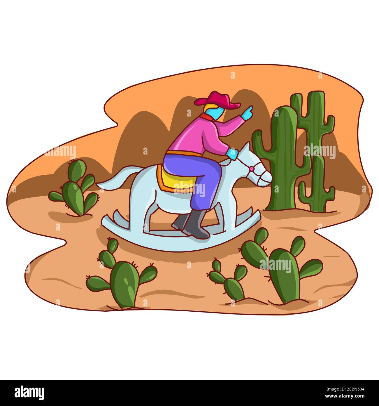 Illustrazione disegno cowboy cavalcare un cavallo dondolante sul deserto del cactus. Illustrazione vettoriale EPS.8 EPS.10 Illustrazione Vettoriale