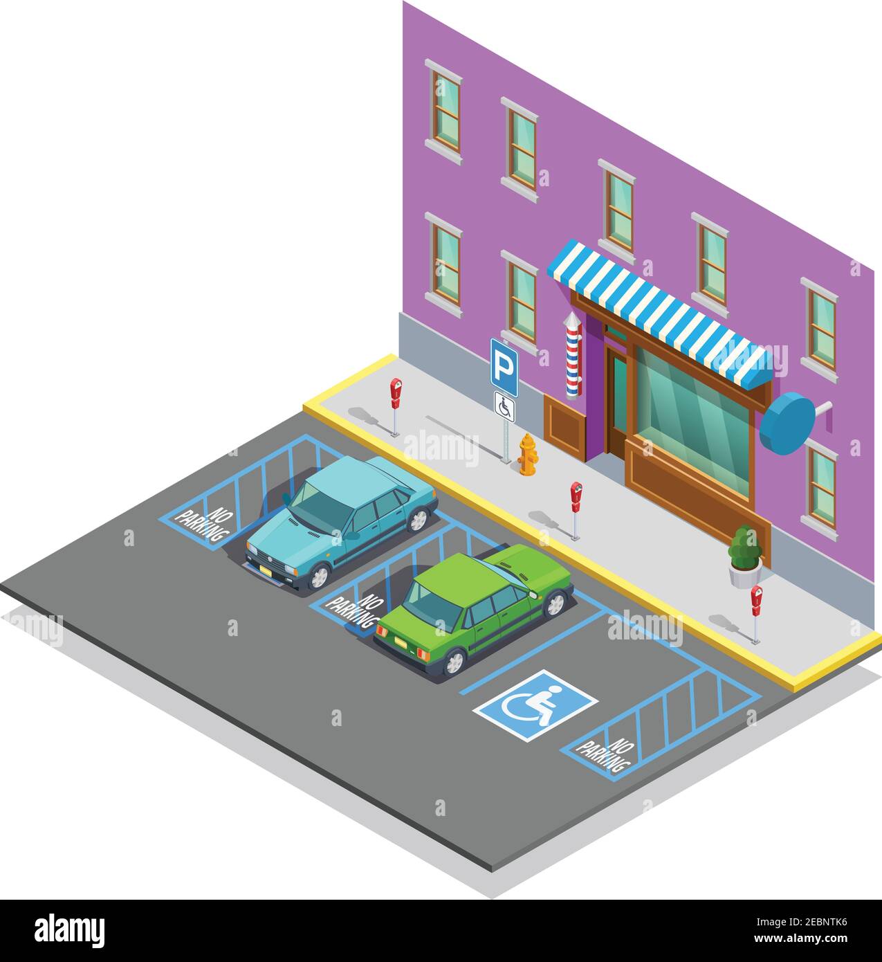 Zona di parcheggio modello isometrico con auto vuote nei pressi di un parcheggio disabilitato illustrazione vettoriale della costruzione Illustrazione Vettoriale