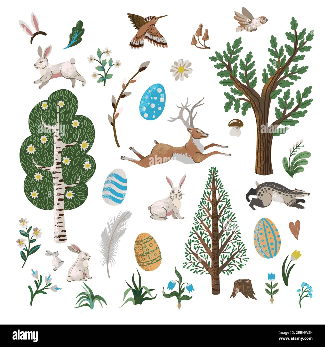 Elementi rustici come alberi, conigli, uova e altri isolati. Stampa di Pasqua. Illustrazione Vettoriale