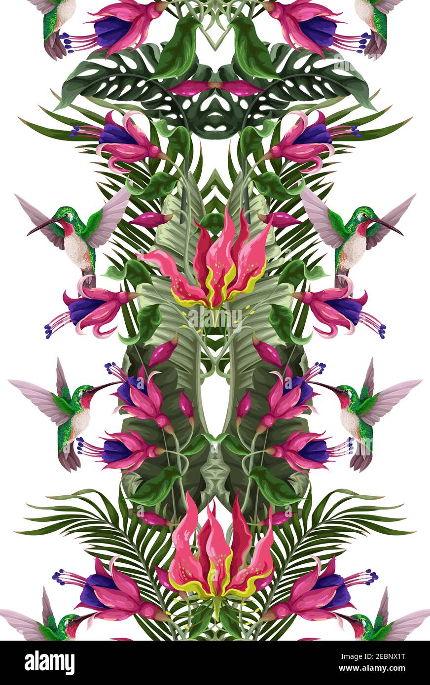Motivo senza cuciture con colibrì e fiori tropicali. Stampa vettoriale trendy. Illustrazione Vettoriale