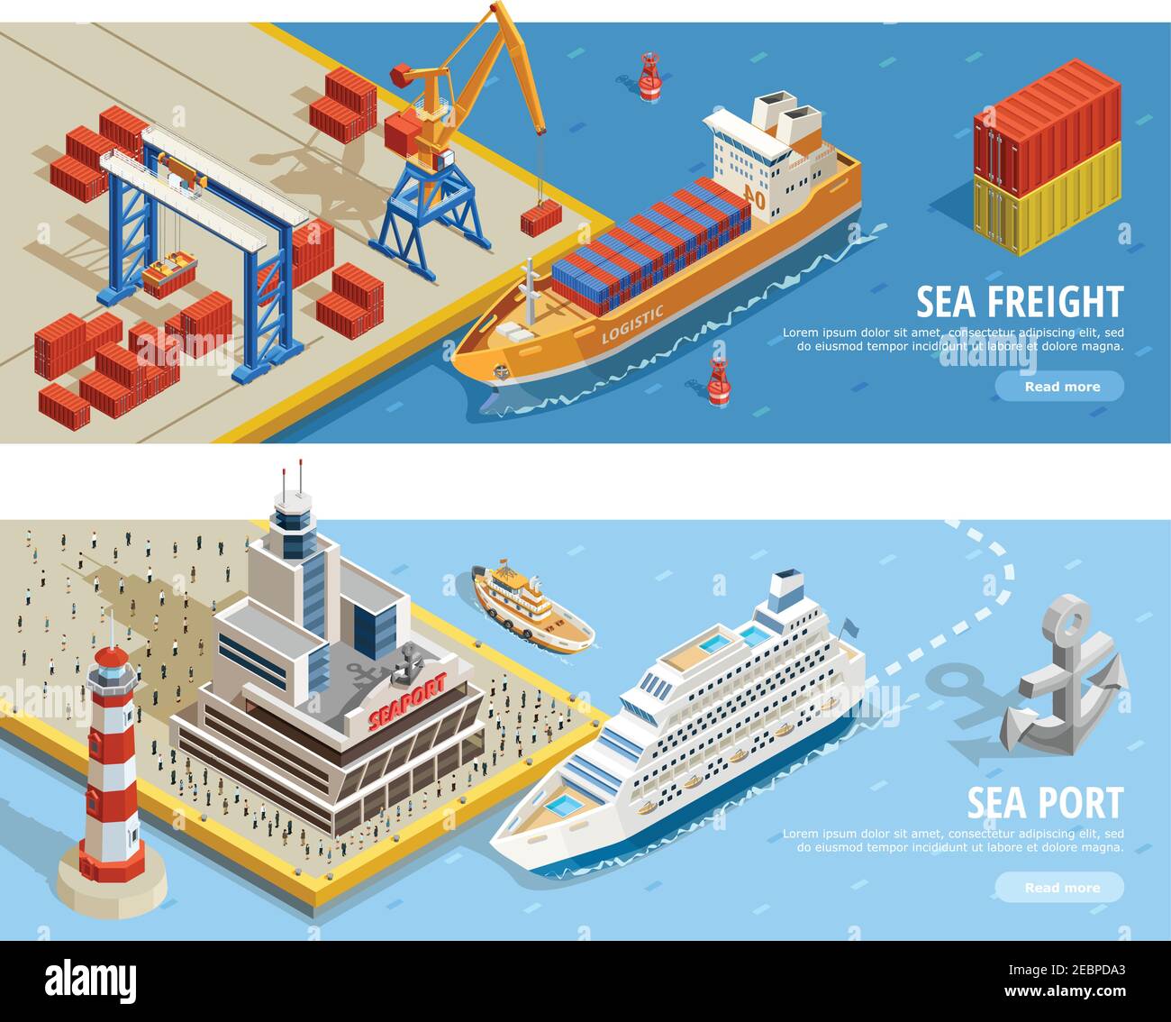 Trasporto marittimo bandiere orizzontali isometriche con navi da crociera e industriali contenitori gru passeggeri ancora faro illustrazione vettoriale Illustrazione Vettoriale