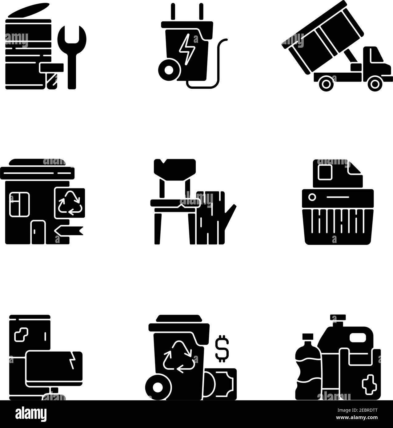 Garbage Collection glyph nero icone impostate su spazio bianco Illustrazione Vettoriale