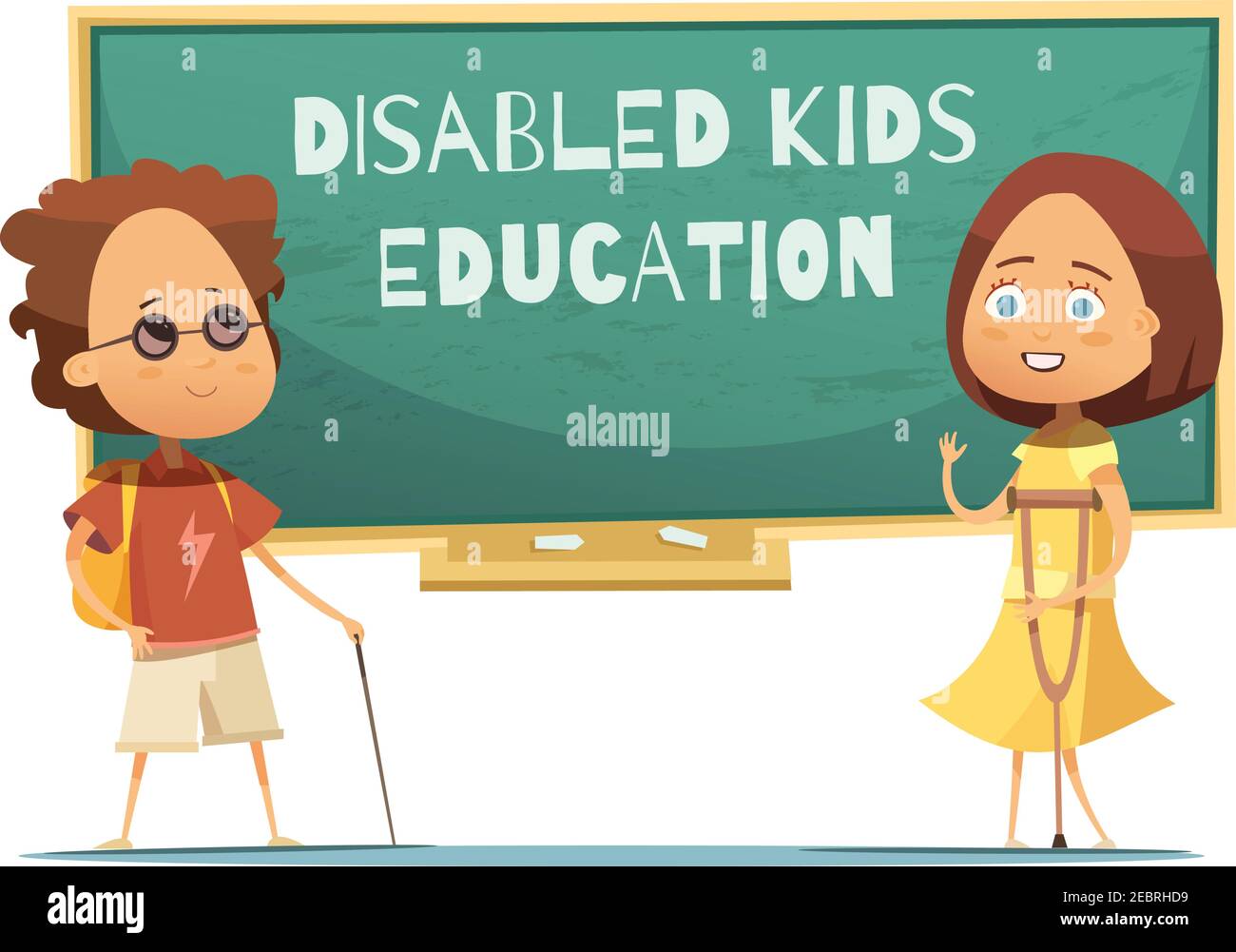 Educazione di bambini disabili design con ragazzo cieco e ragazza con un'illustrazione vettoriale di stampella vicino a una lavagna verde Illustrazione Vettoriale